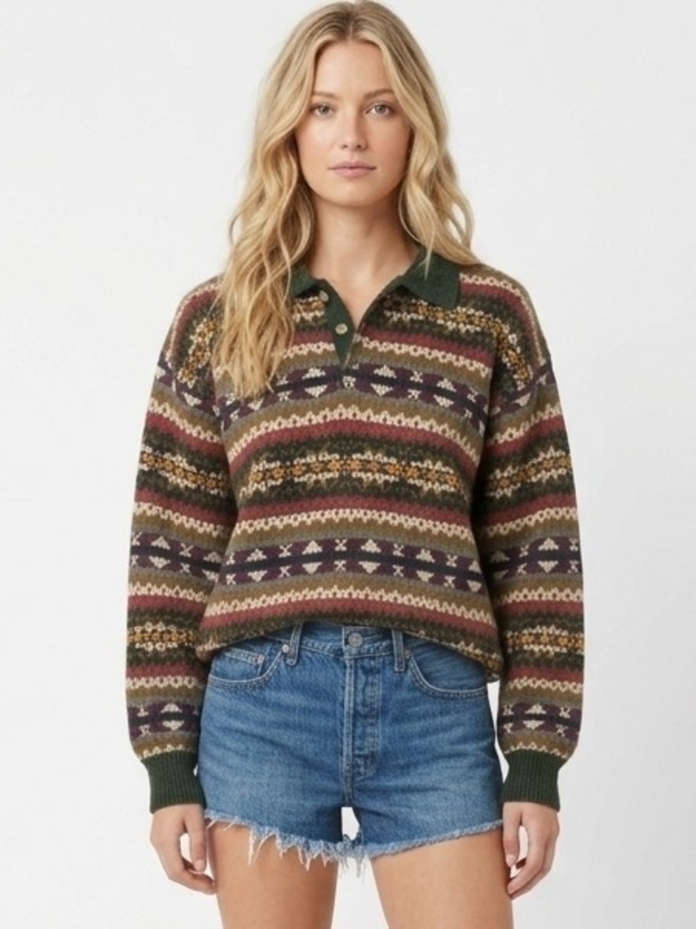 Vintage Chunky Abstract Patterned Collared  Polo-Neck Sweater in Olive-Multi